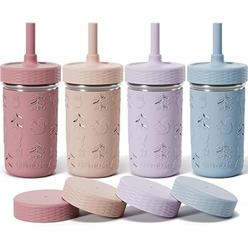 Fimibuke Toddler Cups Spill Proof, 12 OZ Sippy Cups for Kid Girl Boy, Leak Proof Stainless Steel Tumbler with Lid, Silicone Straw & Sleeve, BPA Free Dishwasher Safe Water Bottle Snack Container 4 Pack