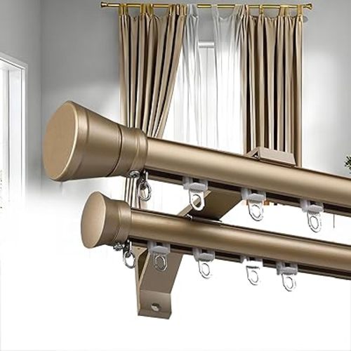 Double Curtain Track Rod Pole Silent Wall Ceiling Mount Drapery Rod Aluminum Alloy Window Rail Golden 1.2m(3.9ft)
