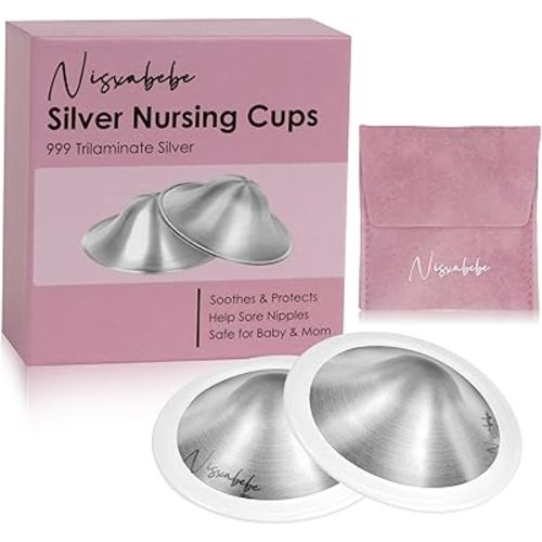 Nisxabebe The Original Silver Nursing Cups with 2 Silicone Rings- Nipple Shields for Nursing Newborn -Breastfeeding Essentials - Protect and Soothe - Tri-Laminate Silver-Regular