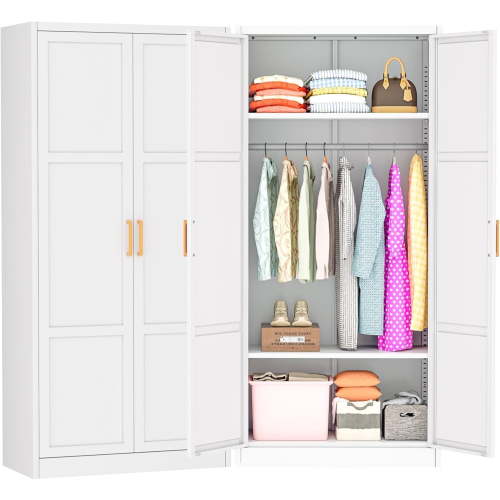 SUNCROWN Metal Wardrobe Cabinet with Wooden Handle, 72" Metal Wardrobe Closet with Hanging Rods and Adjustable Shelves, Steel Storage Locker Closet for Home, Office, Employee, Gym (White)