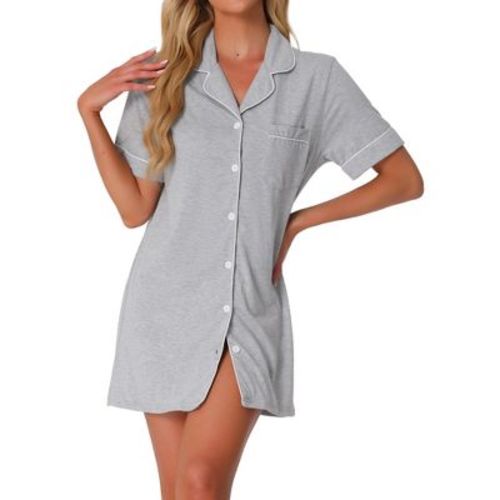 cheibear Women's Notched Collar Button Down Pajama Shirt Dress with Pocket Gray Large