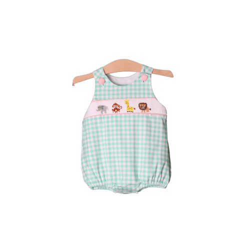 Smocked Zoo Friends Mint Gingham Bubble