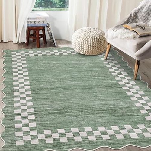 GarveeHome 8x10 Area Rug for Living Room Scalloped Washable Large Bedroom Rug Non Slip Stain Resistant Modern Border Dining Room Throw Carpet Scalloped Boho Rug for Home Decor Office Nursery, Green