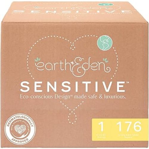 Earth & Eden Sensitive Baby Diapers, Size 1 (176 Count) - Eco-Conscious & Hypoallergenic Diapers - No Harsh Chemicals - Comfortable and Gentle on Skin - Dermatologically Approved