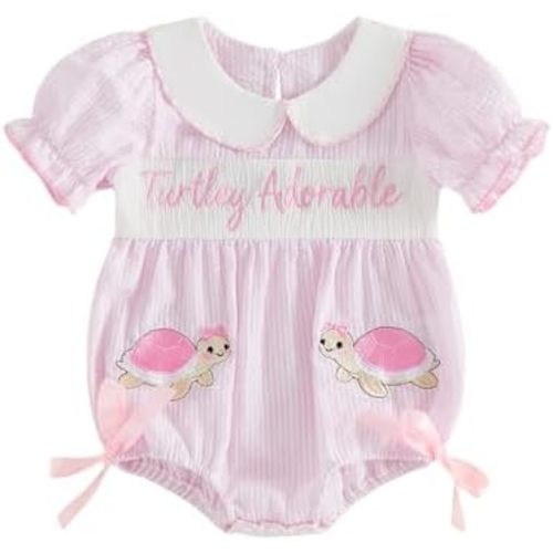 Lamuusaa Newborn Baby Girl Clothes Smocked Peter Pan Bubble Romper Turtle Embroidery Stripe Bodysuit Infant Summer Outfit