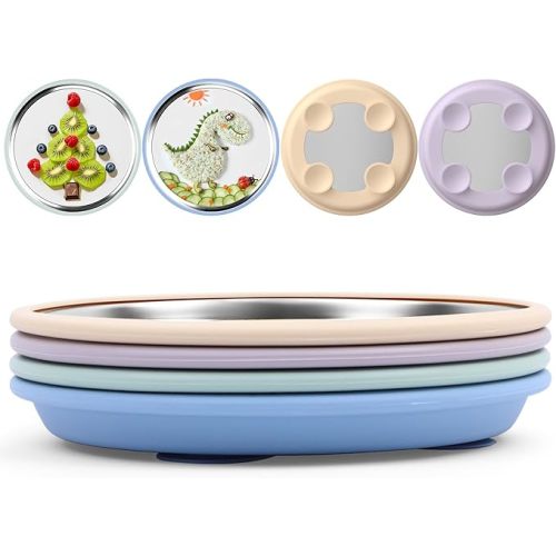 Bakpoco 8" Stainless Steel Baby Suction Plate, Toddler Plates with Removable Silicone Sleeves, Non Toxic Unbreakable Led Weaning Supplies Kids Snack Dishes Set of 4, Sage Blue Beige Lilac