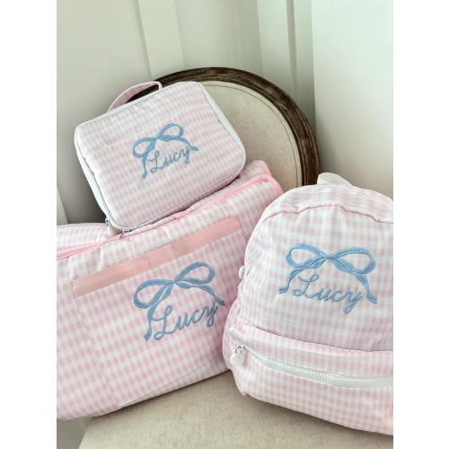 Girls Pink Gingham Monogram Backpack personalized Nap Mat and Lunchbox embroidered preschool bag girls personalized luggage