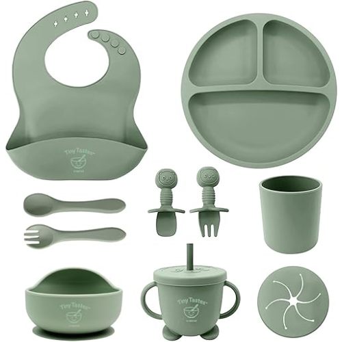 10-Piece Silicone Baby Feeding Set – BPA-Free, Spill-Proof Suction Plate, Bowl, Bib, Snack Cup & Utensils | Dishwasher Safe, Baby Gift Ready (Green)