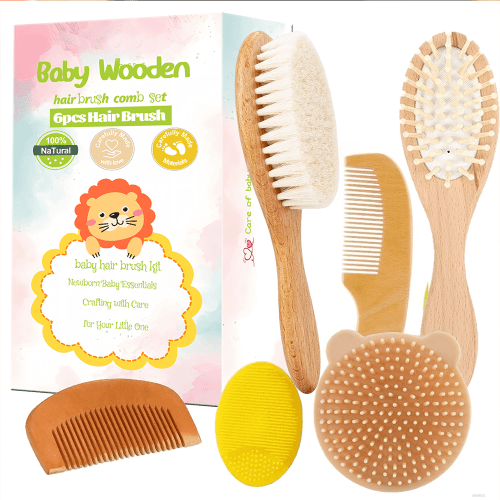 6 Piece Baby Hair Brush & Comb Set, Natural Bamboo & Goat Bristle for Cradle Cap Care, Newborn to Toddler Grooming Kit with Silicone Scrubbers for Scalp Massage