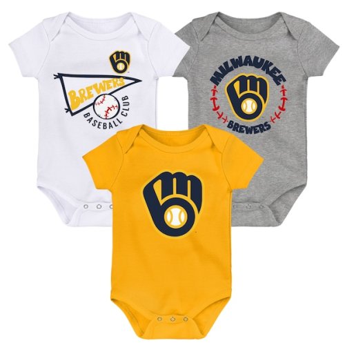 Infant Milwaukee Brewers Gold/White/Heather Gray Biggest Little Fan 3-Pack Bodysuit Set