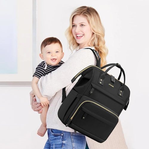 LOVEVOOK Diaper Bag Backpack, Baby Bag with Changing Station, Large Diaper Backpack for Moms Dads, Waterproof Leather Accents Baby Boy and Girl Bag for Travel Baby Essentials, Black