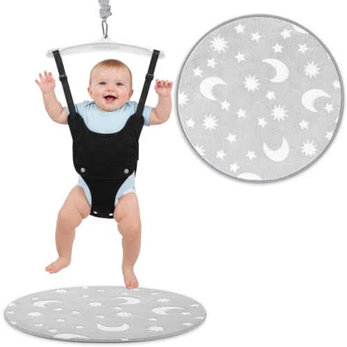 Nuanchu Baby Jumper Mat, Round Doorway Jumper Rug with Cute Glow in The Dark Star Pattern, Non Slip Portable Fuzzy Floor Mat for Indoor and Outdoor Baby Activity Center, Toddler Exerciser(Gray White)