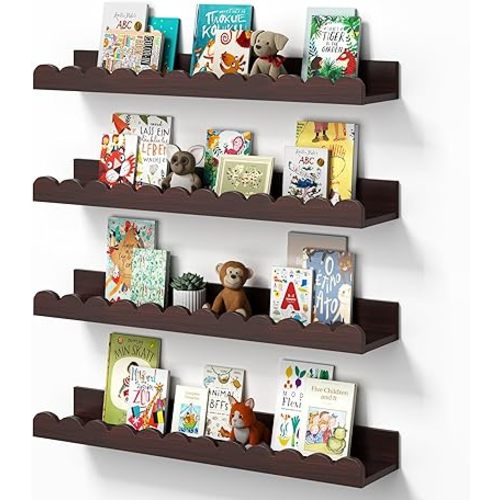 Conamily Walnut Scalloped Book Shelf, Dark Wood Nursery Book Shelves Set of 4 Pine Wooden Floating Bookshelf for Wall Cloud Picture Ledge Shelf for Kids Bedroom Baby Child Toddler Room Kitchen (40cm)