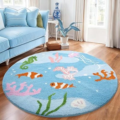 YIHOUSE Modern Round Area Rug, Blue Ocean Aesthetic Rug for Bedroom Non-Slip Throw Shag Fluffy Carpet(Ocean, 4x4Ft)