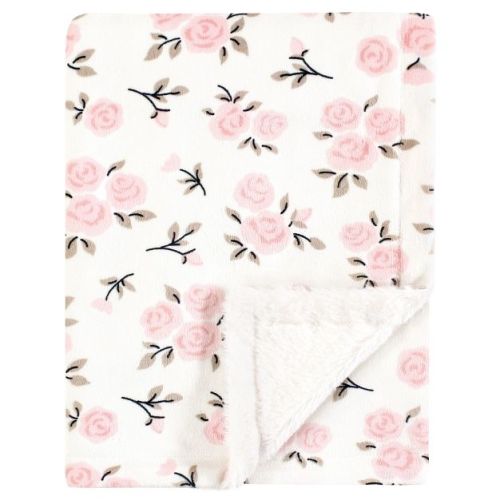 Hudson Baby Infant Girl Plush Blanket with Furry Binding and Back, Neutral Pink Floral, One Size