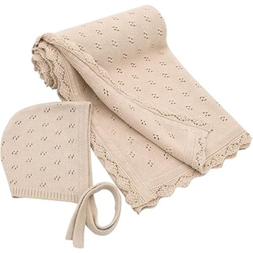 LifeTree Knit Baby Blanket & Hat, 100% Cotton Soft Swaddle & Receiving Blanket for Toddler, Lightweight & Breathable Newborn Blanket Unisex for Crib, Stroller, 31X40 Inches, Shower Registry Gift,Khaki