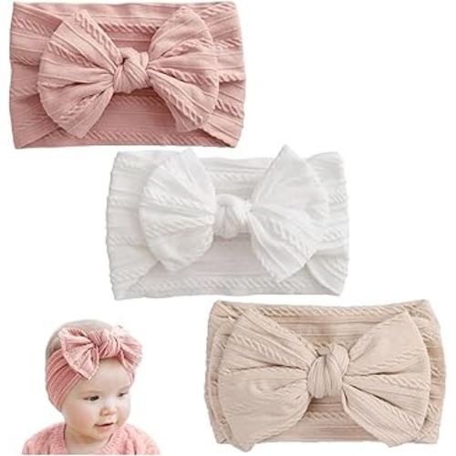 Pack of 3 Baby Girls' Headbands, Elastic Baby Headband, Nylon Soft Hairband, Girls Headband for Newborns, Toddlers (Pink and White and Beige)