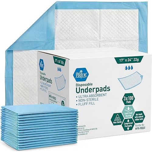 MED PRIDE Disposable Underpads 17'' x 24'' (300-Count) Incontinence Pads, Bed Covers, Puppy Training | Thick, Super Absorbent Protection for Kids, Adults, Elderly | Liquid, Urine, Accidents