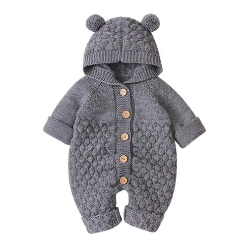 FYMNSI Baby Boy Girl Knitted Sweater Romper Long Sleeve Hoodie Jumpsuit Newborn Infant Winter Clothes Hooded Overall 0-6 Months Gray