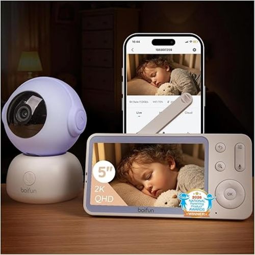 BOIFUN 2K Split Baby Monitor with 2 Cameras,Smartphone App, Wi-Fi Cameras,5-inch Display, Motion Tracking, Encrypted Connection, Night Vision, Long-Range 2-Way Talk, Temp Sensor