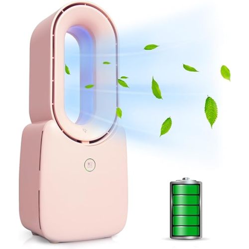 CONBOLA Small Tower Fan, 11.8 Inch Personal Portable Fan Rechargeable, USB Quiet Bladeless Desk Fan with 3 Speeds, Battery Operated Fan with Decorative LED for Office Bedroom Outdoor Table Home(Pink)