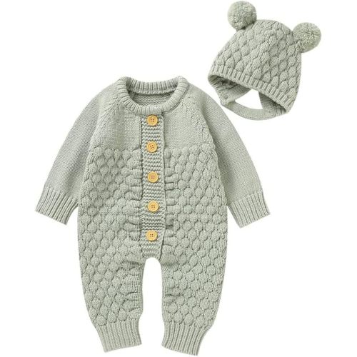 LAWKUL Baby Outfit Cotton Knit Newborn Infant Romper Knitted Longsleeve Sweater Clothes With Warm Hat Set Toddler Boy Girl