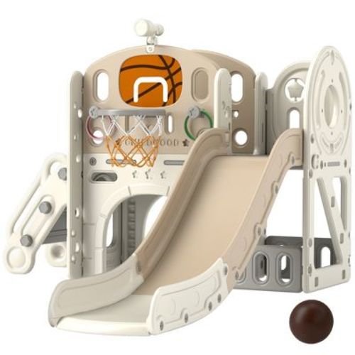 INFURNIC Baby Activity Gyms, Toddler Slide Playset with Basketball Hoop and Telescope, Indoor Playground for Kids, Beige, 60.2"*73.2"*43.7"
