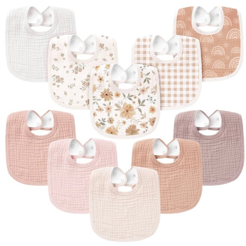 Konssy 10-Pack Muslin Baby Bibs, Soft Cotton Bandana Bibs for Drooling & Teething, Unisex Solid Colors for Boys & Girls, Newborn & Infant