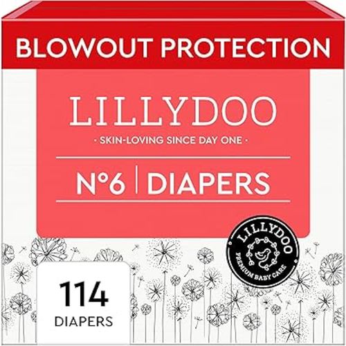 LILLYDOO Baby Diapers - Size 6 (29+ lbs), Monthly Supply (114 Count), Leak Protection, Skin-Friendly, Ultrasoft, Perfume- & Chlorine-Free, Hypoallergenic, Dermatologist Tested, Oeko-TEX®