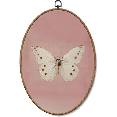 Yorhifa Vintage White Butterfly Framed Wall Art, Neutral Butterfly Oval Wall Art, Retro Pink Aesthetic Insect Oval Walls Decor, Rustic Moth Canvas Artwork Hanging Decor, 8.5x11.5 Inch