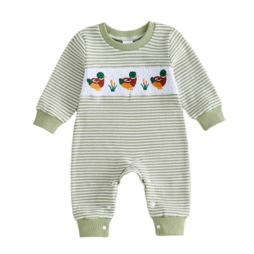 Baby Boy Long Sleeve Jumpsuit Romper Football Hunting Outfit Fall Clothes | Crew neck, Waffle Baby Boy Romper, Football/Duck Embroidery, ribbed trim, full length, One Piece Outfits