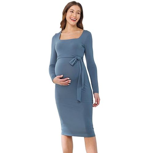 LaClef Womens Long Sleeve Square Neck Waist Tie Maternity Dress