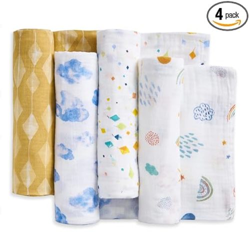 aden + anais Essentials Cotton Muslin Swaddles, Breathable Baby Blanket, Ideal for Boys, Girls, Newborns, Babies & Infants, Receiving Blanket, Soft and Lightweight Wrap, 4 Pack, Kite Parade