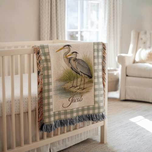 Personalized Heron Baby Blanket, Coastal Nursery Decor, Custom Bird Name Crib Blanket, Rustic Lake House Baby Shower Gift bird nursery decor