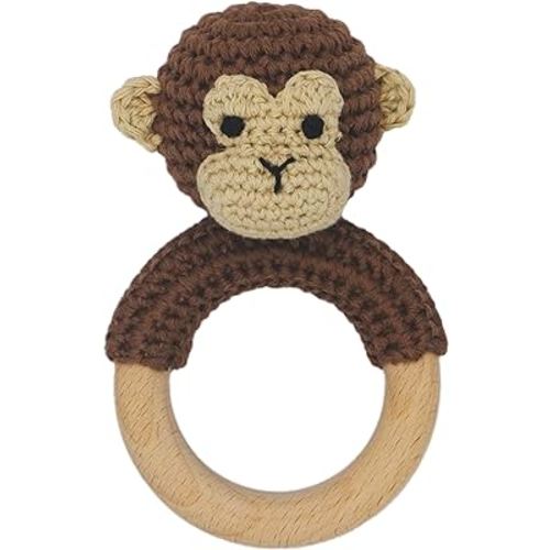 Joliecraft Safari Animals Wooden Baby Rattle Toys Stuffed Crochet Rattle with Teether Ring for Newborn, Brown Monkey