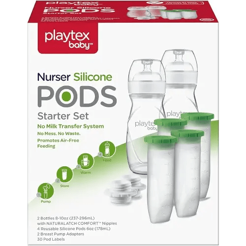 Playtex Baby Nurser PODS Starter Set with Reusable Silicone PODS, 8 Oz Bottles (x2), 6 Oz Silicone PODS (x4), and 2 Breast Pump Adapters, Feeding Essentials for Newborn and Breastfed Babies