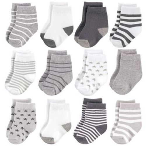 Hudson Baby Infant Cotton Rich Newborn and Terry Socks, Gray White Star, 0-6 Months