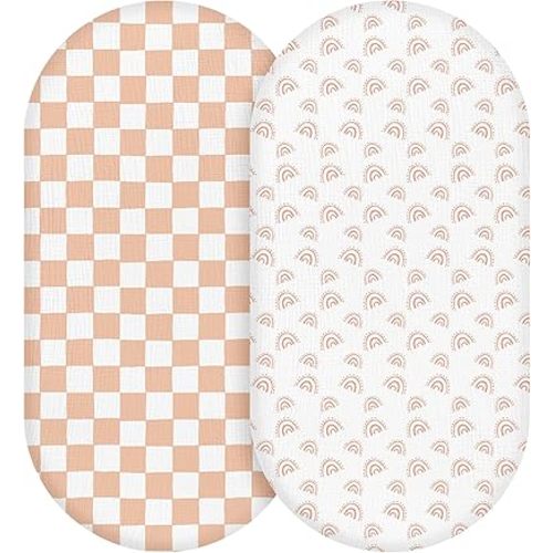 Muslin Bassinet Fitted Sheets, 2 Pack for Baby Boy and Girl, Soft Breathable Baby Pad/Mattress Sheet, Fit for Hourglass Oval and Rectangle Bassinet Mattress (Pink Cloud)