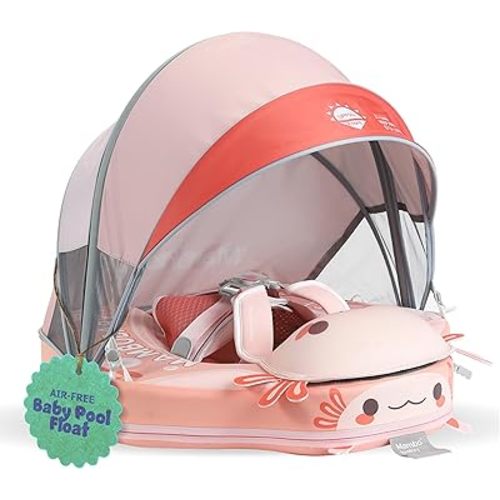 MAMBOBABYFLOAT Sunny Navigator Baby Pool Float with Canopy 2025 — Safe, Comfortable, Adjustable Axolotl Pool Float w/Sun Protection, Air-Free Foam Technology, 5-Way Buckle System (Pink)