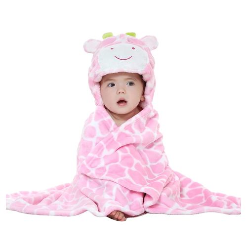TONWHAR 0-4 Years Toddlers' And Kids' Boys Girls Animal Face Hooded Blanket Baby's Bathrobe,Plush After Bath Blanket(Pink Cow)