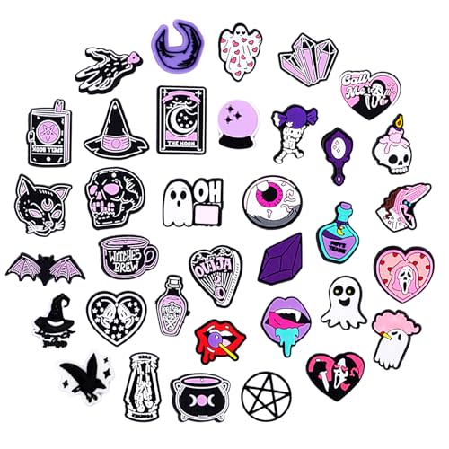 36pcs Horror Shoe Charms for Women, Halloween Witch Goth Shoe Decorations Charms Black Magic Pink Purple Accessories for Clogs Sandals Shoes, Birthday Gifts Party Favors Adults