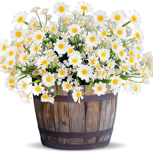 12 Bundles Artificial Daisy Flowers for Outdoors Summer Decor, UV Resistant Fake Flowers Faux Plastic Greenery Shrub Plants for Outside Home Gardens Porch Planter Indoor Spring Cemetery Décor(White)