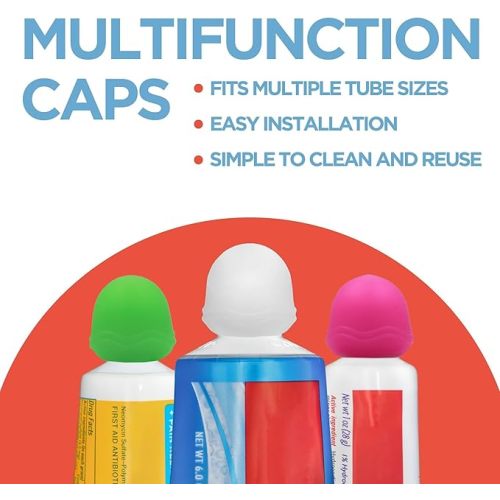 Chrome Cherry SqueezMe Self-Closing Toothpaste Caps, Silicone Lid for Kids & Adults, No Mess Toothpaste Dispenser, Easy Squeezer Cap for Tubes, Bathroom Accessory, Multicolor, Pack of 6