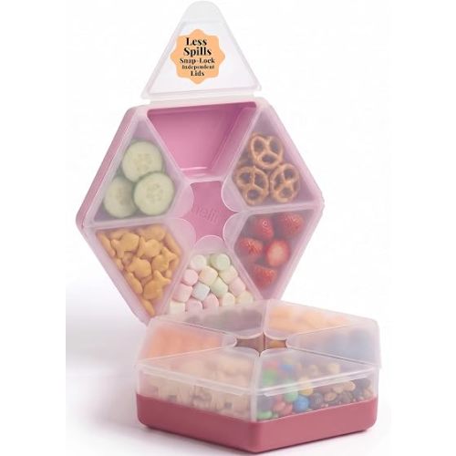 melii Hexagonal Snackle Box | 6 Compartment Snack Container Individual Snap-Lock Lids, Easy-Grip Design Kids & Adults, Portion-Control Food Storage for Lunch, Travel & On-the-Go, 2pack Pink & Wisteria