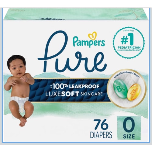 Pampers Pure Protection Baby Diapers, Size 0 (up to 10 lbs), 76 Count, Up to 100% Leakproof, Premium Plant-Based Skin Protection, Hypoallergenic Soft Diapers