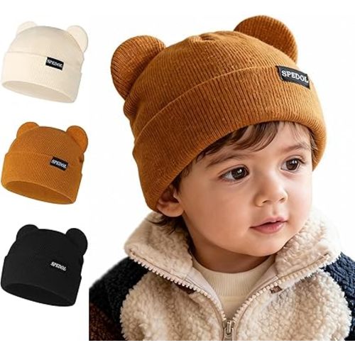 Winter Newborn Toddler Hat: Knit Bear Ears Keep Warm for Boy and Girl 0-8 Years Old (3 Pack)