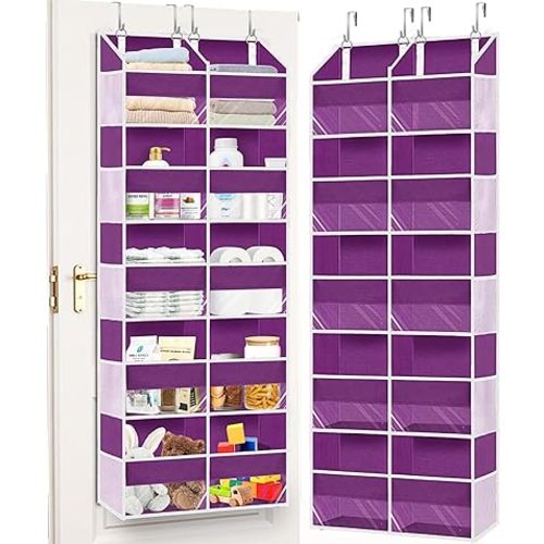 Over The Door Organizer 5 Tiers, Extra Large Behind Door Storage of 10 Compartments, 80 lbs Weight Capacity Hanging Storage Organizer with Clear Window Kids Toys,Shoes,Diapers,Room Storage,Purple