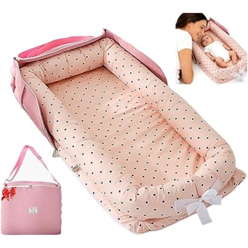 Baby Lounger for Newborn Portable Bag,Baby Nest Play Gym mat with Strap,Newborn Lounger Adjustable Size & Inner Zipper Lengthen Space to 24 Months(Pink Polka Dots)