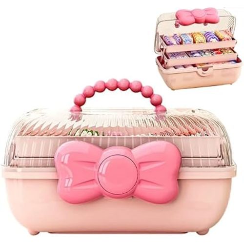Bow Knot Hair Accessories Organizer Box Cute Dust Proof Childrens Jewelry Storage Box 3 Layers Plastic Storage Box for Hair Clips,Headbands,Hair Bands,Jewelry,Etc