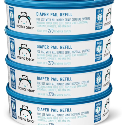 Amazon Brand - Mama Bear Diaper Pail Refills for Diaper Genie Pails, Unscented, 1080 Count (4 Packs of 270 Count)